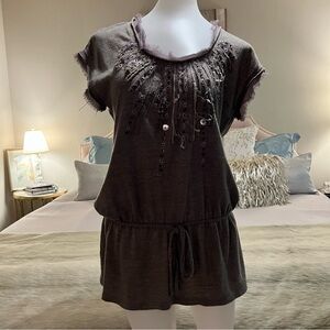 LuPruia Brown Deconstructed Cap Sleeve Sequin Tunic Oversized S Shirt Drop Waist